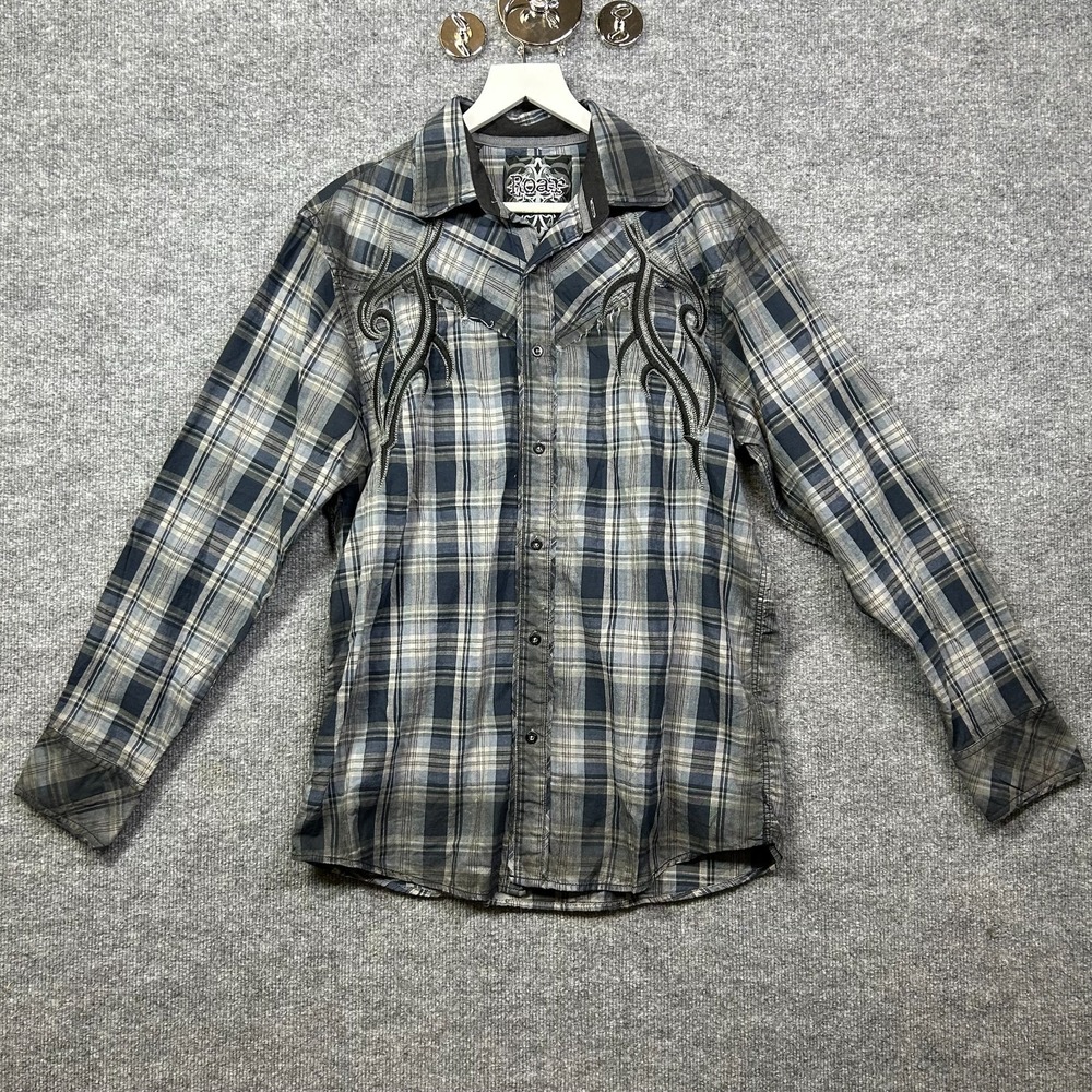 Roar Enough Excuses Button Up Shirt Men's Multicolor Plaid Embroidered - Large
